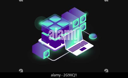 Isometrische Blockchain-Zusammensetzung. Bunte Gradient Laptops und Geräte. Digitale Verbindung. Vektorgrafik Stock Vektor