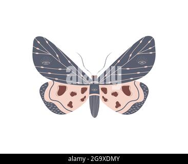 Boho-Schmetterling. Insekt mit himmlischen Elementen. Hexe und magisches Symbol. Abstrakte handgezeichnete Motte. Vektordarstellung im böhmischen Stil Stock Vektor