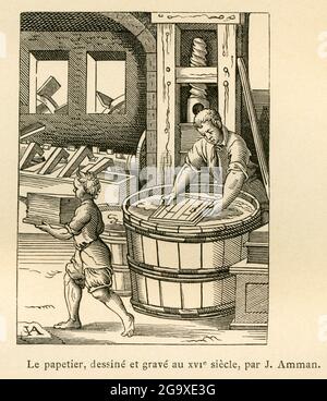 Europa, Frankreich, Papierproduktion im 16. Jahrhundert, von J. Amman, Bild aus: 'L'Ancienne France, ADDITIONAL-RIGHTS-CLEARANCE-INFO-NOT-AVAILABLE Stockfoto