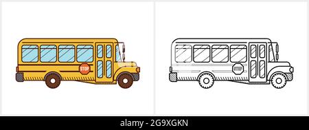 Schule Bus zum ausmalen. Gelber Schulbus Stock Vektor