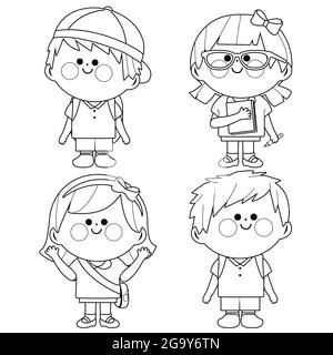 Gruppe von Kindern Studenten. Schwarz-Weiß-Malseite Stockfoto