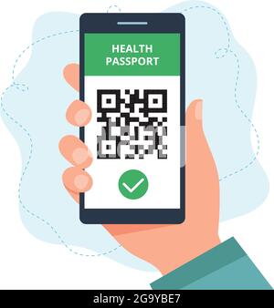 Gesundheitspass-Konzept. Hand hält ein Smartphone mit QR-Code, Impfstatus. Vektorgrafik im flachen Stil Stock Vektor