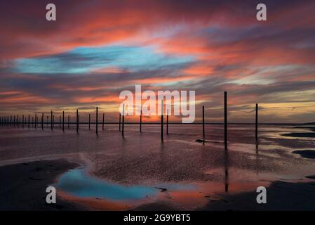 Holzpfosten am Strand bei Sonnenuntergang, Los Lances Strand, Tarifa, Cadiz, Andalusien, Spanien Stockfoto