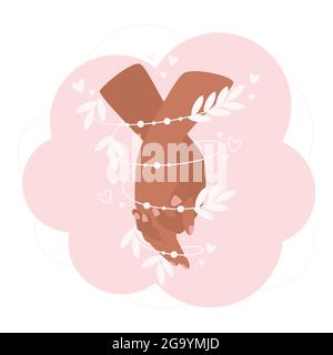 Zwei Hände, die sich zusammenhalten. Ein abstrakter, belaubter Zweig umschwirkt ihre Arme. In Love Concept Illustration. Stock Vektor