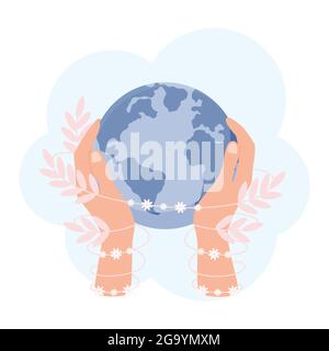 Zwei Hände, die einen Erdplaneten halten. Ein abstrakter Blattsprießling umverstrickt die Arme. Rette das Konzept des Planeten. Konzept zum Muttertag der Erde. Stock Vektor