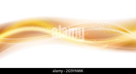 Abstrakter Hintergrund der goldenen Rauchwelle. Stilisierte wellenförmige Darstellung der Bewegung. Weiche gelbe, seidige Linien, die mit dem Füllwerkzeug auf weißem Hintergrund erstellt wurden. Gekrümmter smoo Stock Vektor