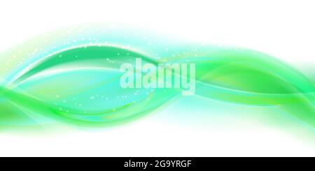 Grüne und blaue Rauchwelle im Hintergrund. Abstrakte, stilisierte Bewegung, wellige Illustration. Weiche, glänzende Linien, die mit dem Füllwerkzeug auf weißem Hintergrund erstellt wurden. Gekrümmte s Stock Vektor