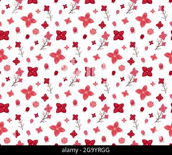 Nahtloses Muster mit kleinen rosa und korallenen Blüten auf weißem Hintergrund. Natürliche Textur mit Sakura-Knospen. Vektor-Tapete mit Blumenmuster. Zarte Qualität w Stock Vektor