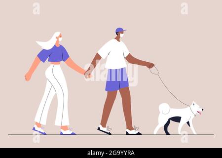 Jugendpaar in medizinischer Gesichtsmaske mit ihrem Hund zu Fuß. Urbaner Lebensstil nach der Quarantäne. Neuer Normalwert. Vektorgrafik in flacher Ausführung auf isoliert Stock Vektor