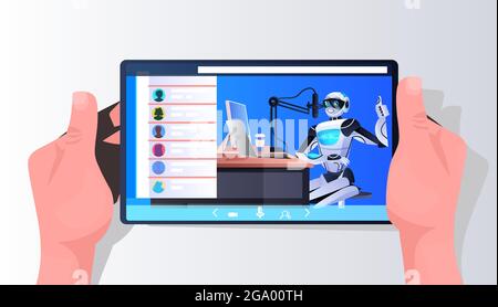 Roboter Podcaster Sprechen mit Mikrofon auf Smartphone-Bildschirm Aufnahme Podcast im Studio Podcasting Online-Radio Stock Vektor