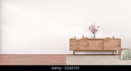 Interieur: Anrichte aus Holz mit Kirschblüten, Schalen und einer Kerze auf der Oberseite. Korbkorb und Teppich auf Hartholzboden. 3d-Rendering - Webbanner si Stockfoto