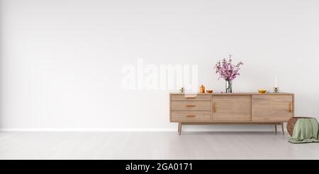 Szene im Innenraum: Anrichte aus Holz mit Kirschblüten, Schalen und einer Kerze auf der Oberseite. Korbkorb auf Hartholzboden. 3d Render - Webbannergröße mit ple Stockfoto