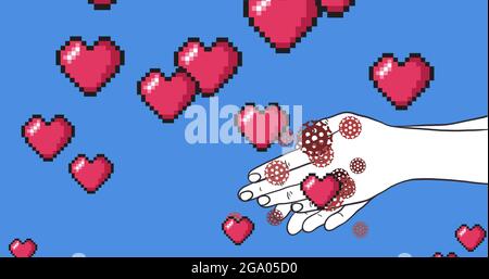 Rote Herzsymbole und Covid -19 Zellen gegen Händewaschen auf blauem Hintergrund Stockfoto