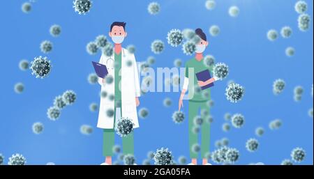 Mehrere Covid-19-Zellen gegen männliche und weibliche Ärzte maskieren die soziale Distanzierung Stockfoto