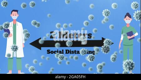 Mehrere Covid-19-Zellen gegen männliche und weibliche Ärzte maskieren die soziale Distanzierung Stockfoto