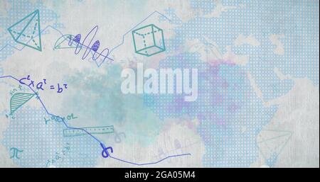 Statistische Datenverarbeitung über Weltkarte mit mathematischen Gleichungen Stockfoto