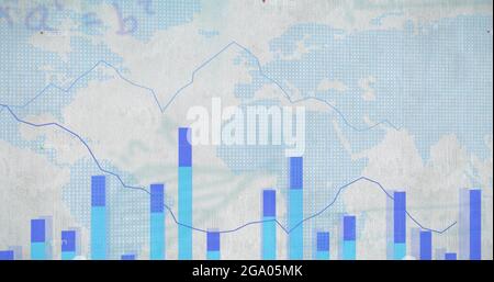 Statistische Datenverarbeitung über Weltkarte mit mathematischen Gleichungen Stockfoto