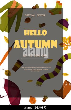 Bright Vektor Herbst Umsatz Banner.Hallo Herbst.Werbung, Shopping Rabatt Promotion.Flat Design Illustration.Template Hintergründe mit Puppenkuchen Stock Vektor