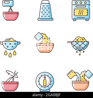 Anleitung zum Kochen von Lebensmitteln RGB-Farbsymbole eingestellt Stock Vektor