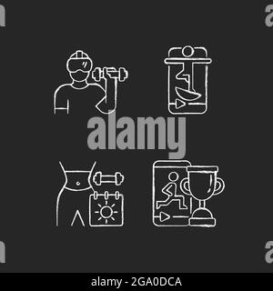 Online-Fitness-Herausforderungen Kreide weiße Symbole auf dunklem Hintergrund gesetzt. Stock Vektor