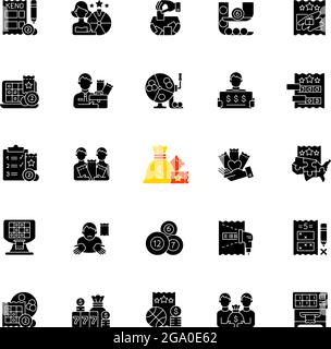 Lotterie-Typen schwarze Glyphen-Symbole auf weißem Raum gesetzt Stock Vektor