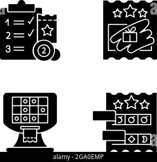 Lotterie Leitung schwarze Glyphen Symbole auf weißem Raum gesetzt Stock Vektor