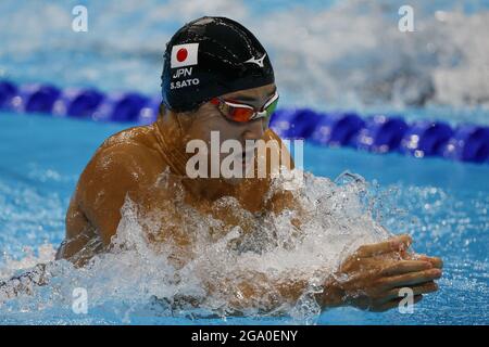 Tokio, Japan. Juli 2021. Shoma Sato aus Japan tritt am Mittwoch, dem 28. Juli 2021, beim 200-m-Bruststroke im Tokyo Aquatics Center im Rahmen der Olympischen Sommerspiele in Tokio, Japan, an. Foto von Tasos Katopodis/UPI. Kredit: UPI/Alamy Live Nachrichten Stockfoto