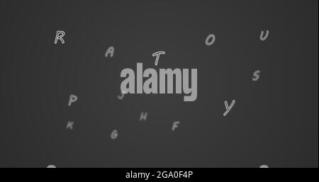 Zufällige Buchstaben im Alphabet, die in einem riesigen leeren Raum vorwärts schweben Stockfoto