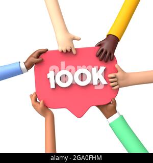 Hände mit einem 100.000 Social-Media-Follower-Banner-Label. 3D-Rendering Stockfoto