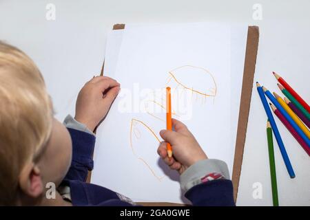 Ein hellhaariger Junge mit Bleistiften in den Händen zeichnet Meerestiere auf weißem Papier, Draufsicht. Frühkindliche Entwicklung. Stockfoto