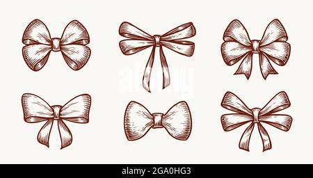 Schleife mit Bändern im Vintage-Sketch-Stil gezeichnet. Retro-Dekorationen für die Dekoration Geschenk oder Urlaub. Vektorgrafik Stock Vektor