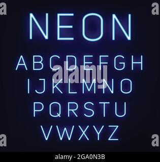 Neonblaue Schrift Vektorgrafik. Blaue Neonlicht-Buchstaben. Leuchtende Alphabete. A-Z-Buchstaben. Stock Vektor