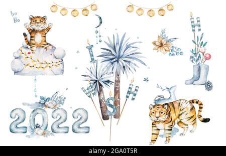 Frohes chinesisches neues Jahr 2022 Cartoon Tiger hält Gold Segen chinesisches neues Jahr. Stockfoto