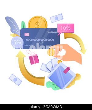 Sichern Sie sich einen Cashback-Bonus. Cash-Back-Kreditkartenbelohnung, Vektordarstellung. Incentive-Programm für Cashback-Prämien. Stock Vektor