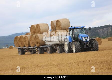 Blankenburg, Deutschland. Juli 2021. Strohballen werden auf einem Feld im Vorland des Harzes beladen. Quelle: Matthias Bein/dpa-Zentralbild/ZB/dpa/Alamy Live News Stockfoto