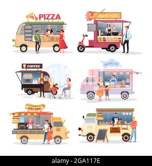 Straßenmarkt Lebensmittel LKW Vektor Illustration Set. Cartoon van Stall Marktplatz Mini-Café Verkauf Pizza asiatische Lebensmittel Burger Eis Hot Dog Fastfood Stock Vektor