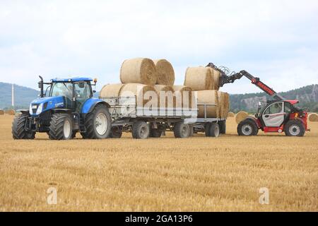 Blankenburg, Deutschland. Juli 2021. Strohballen werden auf einem Feld im Vorland des Harzes beladen. Quelle: Matthias Bein/dpa-Zentralbild/ZB/dpa/Alamy Live News Stockfoto