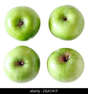 Eine Gruppe von vier grünen Granny Smith Äpfeln isoliert auf weißem Hintergrund, mit Schnittpfad Stockfoto