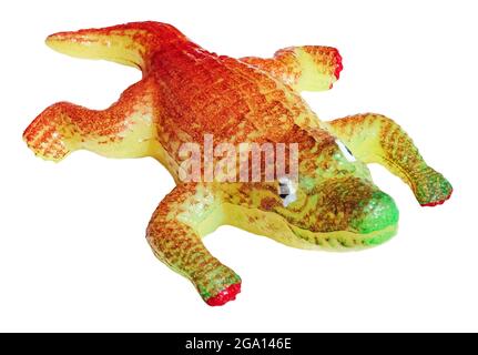 Ein weiches Plastikspielzeug Krokodil oder Alligator isoliert auf einem weißen Hintergrund, mit Clipping-Pfad Stockfoto