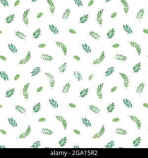 Grüne Blätter in zufälliger Reihenfolge nahtlose Blumenmuster handgezeichnete botanische Aquarell Illustration, einfache Grün Ornament für Textil, gi Stockfoto
