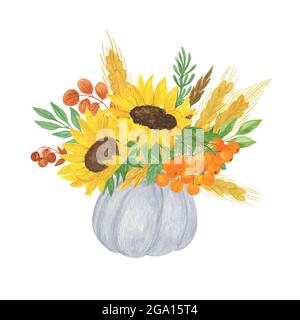 Blumen Thanksgiving Arrangement Kürbis, Sonnenblumen, Weizen, Berg Esche mit Blättern, Zweige handbemalte Aquarell-Illustration für die Ernte Stockfoto