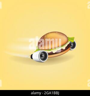 3D Express Jet Thrust Delivery Konzept. Burger oder Fast Food-Service, bestellen, schnell und kostenlos Versand. Stock Vektor