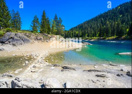 Kleine Insel mitten im Caumasee (Caumasee) mit kristallklarem Wasser in wunderschöner Berglandschaft bei Flims, Graubünden - Schweizlan Stockfoto