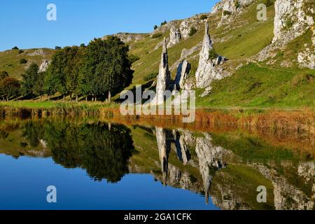 Eselsburgtal bei Herbrechtingen, Felsformation „Steinerne Jungfrauen“, die sich im Teich spiegelt, Baden-Württemberg, Deutschland Stockfoto