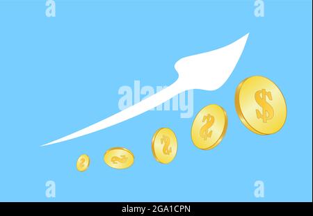 Goldmünzen und ein Wachstumspfeil auf blauem Hintergrund. Ein wachsendes Geschäftskonzept. Finanzieller Erfolg.Vektor Stock Vektor