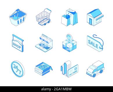 Online-Shopping und -Lieferung - modernes isometrisches Ikonen-Set. E-Commerce und Lebensmittel Bestellung Idee. Korb, Wagen, Taschen, Geschäft, Geschäft, Website, Box, Verkauf labe Stock Vektor