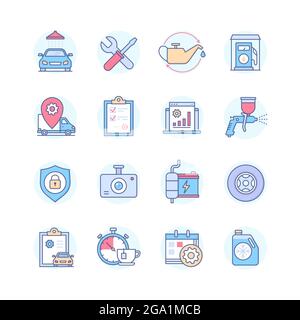 Car Care Line Design Stil Icon Set. Diagnose, Autoschutz, Sicherheit und Ersatz von Verbrauchsmaterialien. Professionelle Fahrzeugpflege. Symbole col Stock Vektor