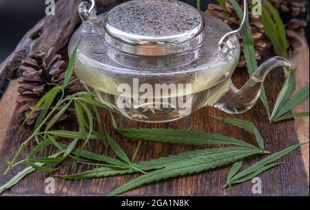 Cannabis Kräutertee aus Teekannen und Stiel mit grünen Marihuanablättern auf Holzhintergrund. Medizinische Zwecke für Schlaf und Angst. Kräutertee und Gesundheit Stockfoto