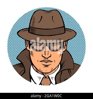 Detective ermittelt. Gekleidet in einen Retro-Regenmantel und Hut. Schwarze Brille tragen. Vektor Cartoon Illustration Pop Art. Handgezeichnete Umrisse Stock Vektor