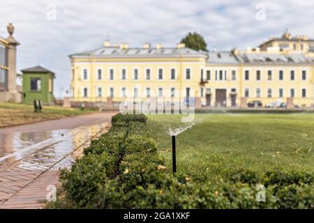 Automatische Bewässerung der Rasenflächen im Garten neben dem Haus. Stockfoto